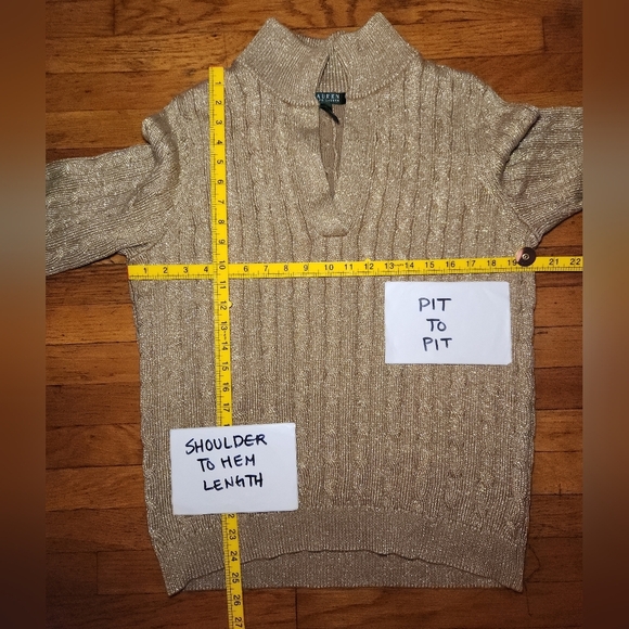 5/$100 SALE -  Vintage Ralph Lauren Gold Metallic Mock Neck Cableknit Sweater - Picture 6 of 11